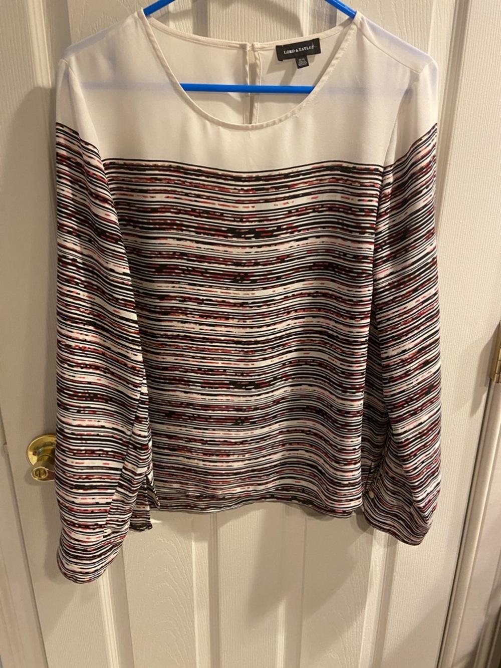 Lord & Taylor White Blouse with Black and Red Stripes medium EUC